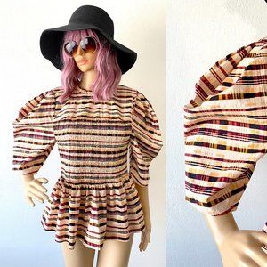 Puffed Sleeve Blouse Ruched Top Fit and Flare Blouse Ruffled Top Statement Piece